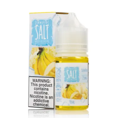 Skwezed Salts Ice Banana e-liquid bottle and box showing banana graphics and nicotine warning.