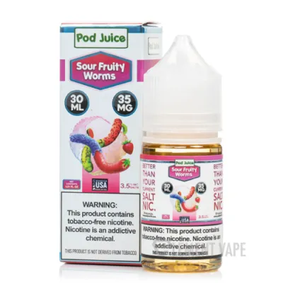 Pod Juice Sour Fruity Worms e-liquid bottle and box, 30ml, 35mg nicotine, warning label visible.