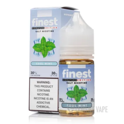 Cool Mint Finest Salt Nicotine package and bottle, 30mg, with health warning label.