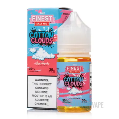 Cotton Clouds vape juice bottle and packaging with nicotine warning label.