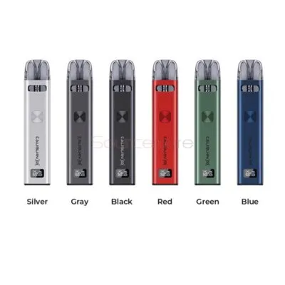 Uwell Caliburn G3 kit in six colors: silver, gray, black, red, green, and blue, arranged left to right.