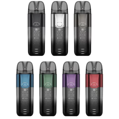 Eight Vaporesso LUXE X Kits in various colors, including blue, green, red, silver, purple, and black, on display.