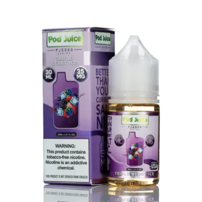 Pod Juice Triple Berry Ice bottle with box featuring kiwi and berry graphics. Contains 30ml, 35mg nicotine warning.