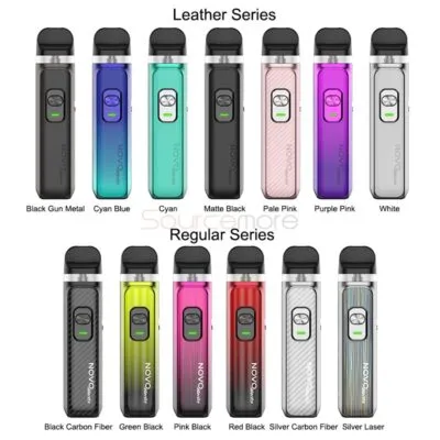 Smok Novo Master Pod Kit in Leather and Regular Series, showcasing various colors like Black, Cyan, and Pink.
