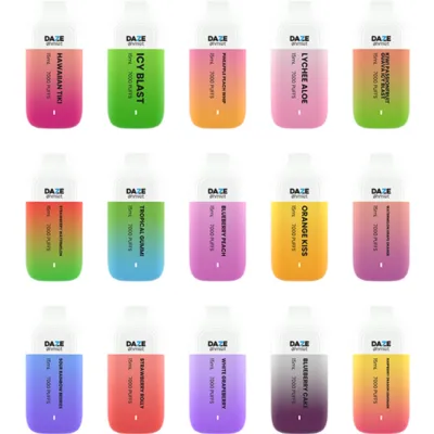 Sixteen colorful 'Daze' vape juice bottles, each labeled with distinct flavor names like Hawaiian Tiki and Icy Blast.