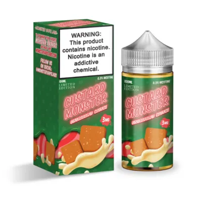 Custard Monster Gingerbread Crunch e-liquid bottle and box with warning label, green and red design.