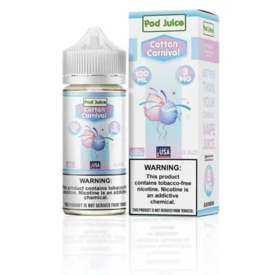 Pod Juice Cotton Carnival e-liquid bottle and box, 100ml, 3mg nicotine, cotton candy graphic, nicotine warning.