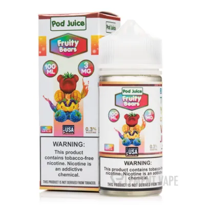 Pod Juice Fruity Bears e-liquid packaging with bottle, 100ml, 3mg nicotine warning displayed.