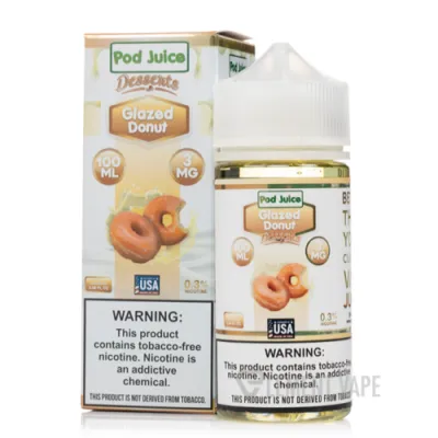 Glazed Donut Pod Juice e-liquid bottle and box, 100ml, nicotine warning label displayed.
