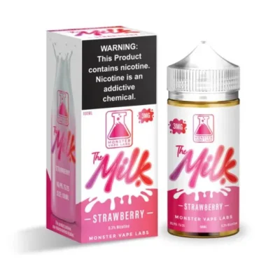 Strawberry Milk vape juice bottle next to packaging with nicotine warning label.
