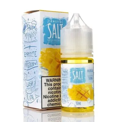 Skwezed Salt Mango Ice 30ml e-liquid bottle and packaging with mango imagery and nicotine warning label.