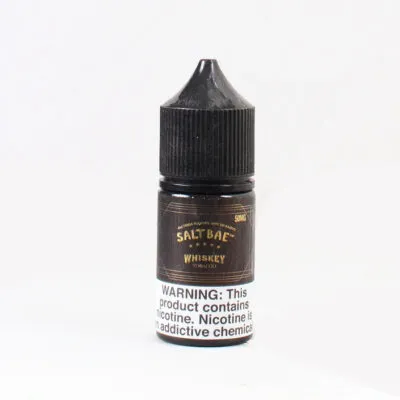 30ml Saltbae50 Whisky Tobacco e-liquid bottle with nicotine warning label.