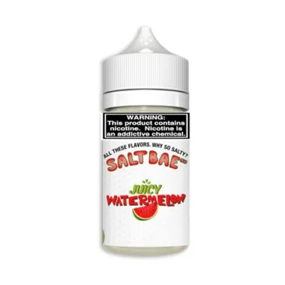 Salt Bae Juicy Watermelon e-liquid bottle with nicotine warning label.