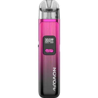 SMOK NOVO Pro Kit in pink and black, featuring a digital display and button, with a transparent mouthpiece.
