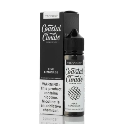 Coastal Clouds Pink Lemonade vape juice bottle with packaging and nicotine warning.