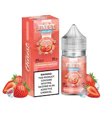 E-liquid bottle and box with strawberry flavor, labeled "The Finest Salt Nic," includes a nicotine warning.