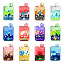 Twelve colorful Geekbar Lush 20K vape devices with unique cityscape designs.