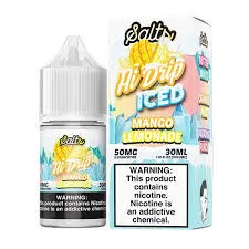 Hi-Drip Iced Mango Lemonade vape juice bottle and packaging, 50MG, 30ML, with nicotine warning label.