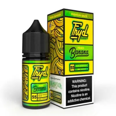 Fryd Salts Fried Banana e-liquid box and bottle, with vibrant banana graphics and nicotine warning label.