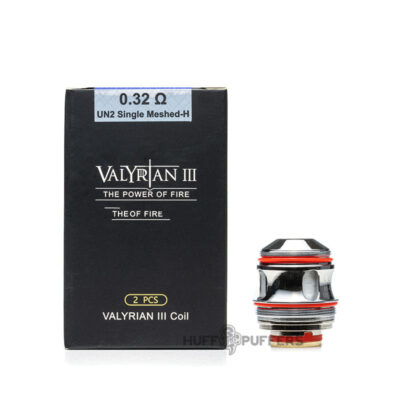 Uwell Valyrian 3 Coil Single Mesh package with coil featuring red rings placed nearby.