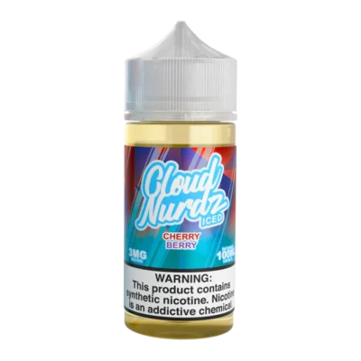 Cloud Nurdz Cherry Berry vape juice bottle, 100ml, 3mg nicotine; prominent warning about synthetic nicotine addiction.