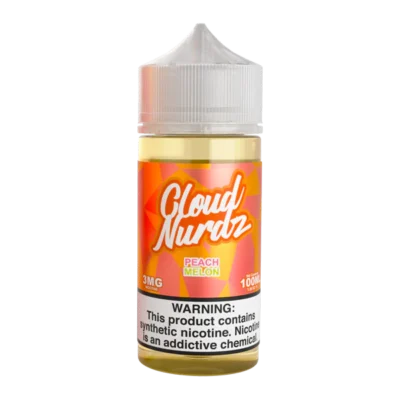 Cloud Nurdz Peach Melon 100ml vape juice bottle with nicotine warning label.