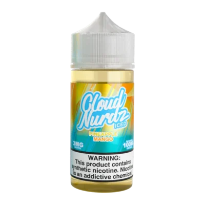 Cloud Nurdz Pineapple Mango Iced vape juice bottle, 100ml, with a nicotine warning label.