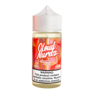Cloud Nurdz Strawberry Peach 100ml vape juice bottle with a warning label.