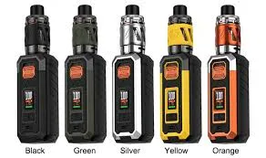 Five vape devices in black, green, silver, yellow, and orange, lined up against a white background.