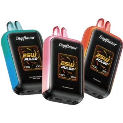 Three Digiflavor SKY 25k disposable vapes in blue, pink, and orange with flavor labels.