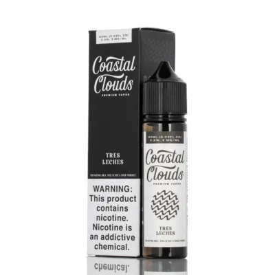 Coastal Clouds Tres Leches vape juice bottle and box with nicotine warning label.