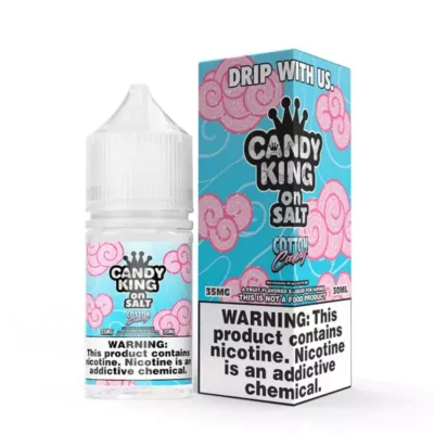 Candy King on Salt Cotton Candy e-liquid with pink and blue packaging, 30ml bottle labeled with nicotine warning.