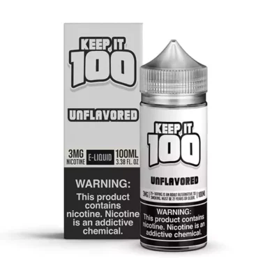 Keep It 100 Unflavored vape juice bottle and box with nicotine warning, 100ml, 3mg nicotine strength.