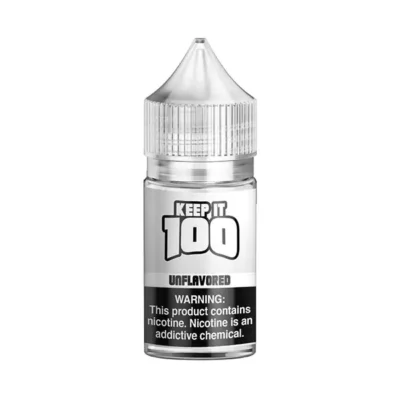 Keep It 100 unflavored synth e-liquid bottle, 30 ml, with nicotine warning label.