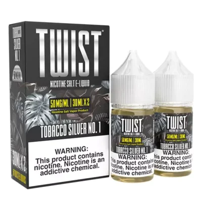 Twist Tobacco Silver No. 1 e-liquid 2-pack, 50mg nicotine strength, 30ml bottles with warning label on front.