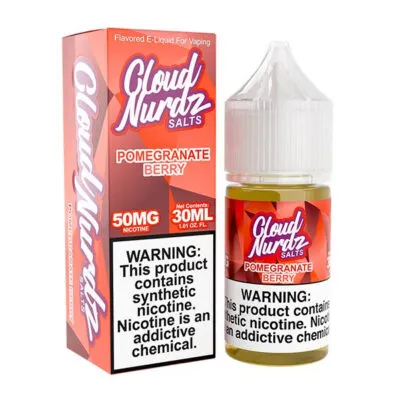 Cloud Nurdz Salts Pomegranate Berry 30 ml e-liquid bottle with warning label on nicotine content.