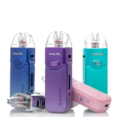 Colorful SMOK Nord GT 80W pod systems in blue, purple, teal, and pink, displayed in a standing position.