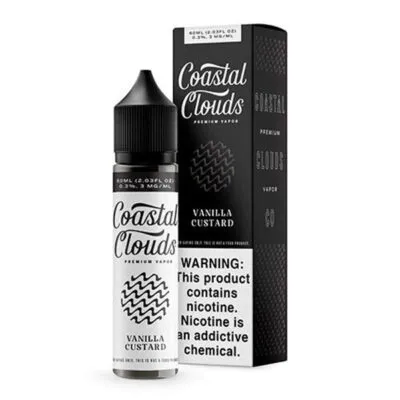 Coastal Clouds Vanilla Custard e-liquid bottle and box with nicotine warning label.