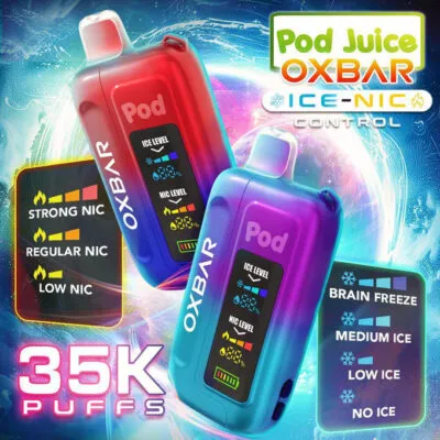 Two colorful vaping devices labeled "Pod Juice OXBAR" with nicotine and ice level indicators, featuring 35K puffs.