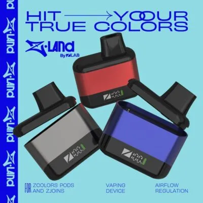 Z Land vaping devices in red, blue, and gray with airflow regulation feature.