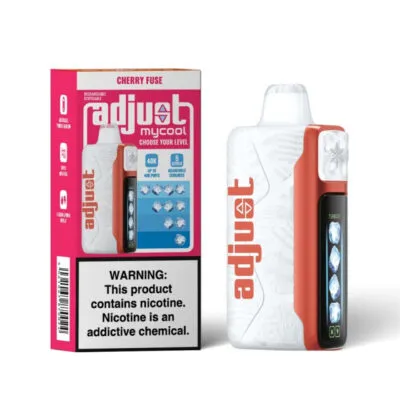 E-cigarette device with packaging, "Adjust My Cool" branding, 40k puffs, adjustable nicotine, and Cherry Fuse flavor.