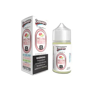 Vape juice bottle and box labeled "Melon Medley," with nicotine warning text visible.