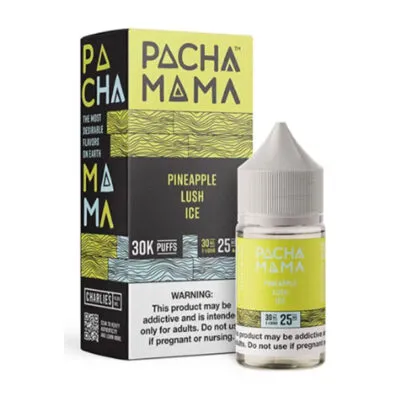 Pacha Mama Pineapple Lush Ice vape juice bottle with matching box, labeled for 30,000 puffs and nicotine warning.