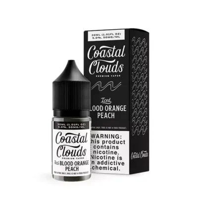 Coastal Clouds Iced Blood Orange Peach vape juice bottle with its box, both displaying warnings.