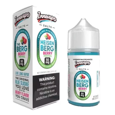 Innevape Heisenberg Berry Menthol vape juice bottle and box, 50mg nicotine strength, warning label visible.