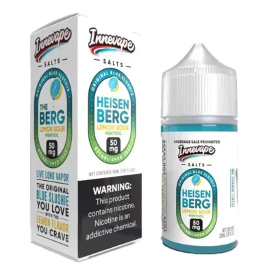 Innevape Salts Heisenberg Lemon Sour Menthol e-liquid, 50mg, with packaging and warning label.