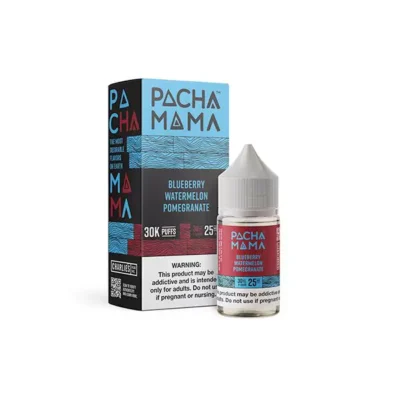 Pacha Mama Blueberry Watermelon Pomegranate e-liquid bottle with matching box displaying product details.