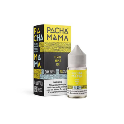 Pacha Mama Lemon Apple Ice vape juice bottle with packaging, featuring vibrant branding and warning label.