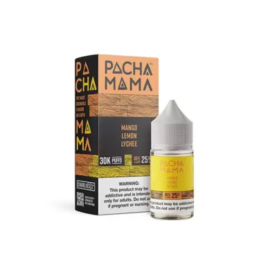 Pacha Mama Mango Lemon Lychee vape juice bottle beside its packaging.