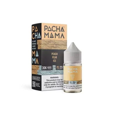 Pacha Mama Peach Pear Ice vape juice bottle and box with nicotine warning.